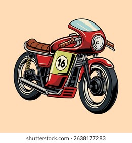 A red retro cafe racer motorcycle with number 16 sticker isolated cartoon illustration on a light background