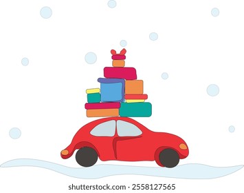 Red retro car carries a Christmas presents on the roof