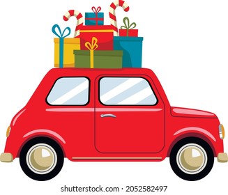 Red retro car with Christmas gifts. Vector illustration.