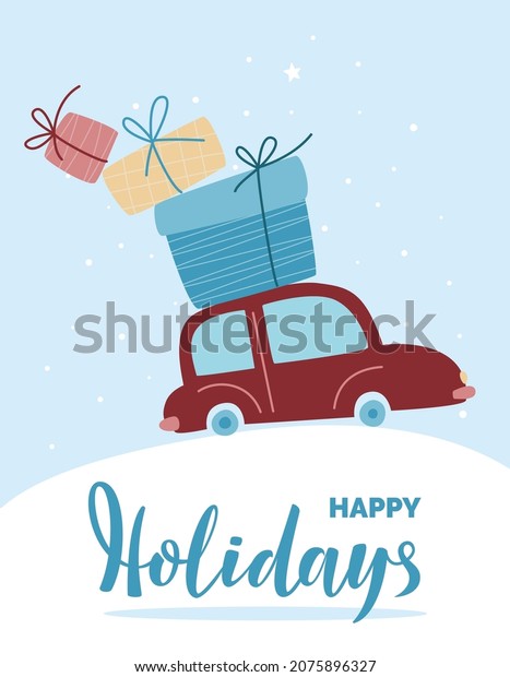 Red retro car with\
Christmas or New Year gifts. Little cartoon car carrying X-mas\
present boxes on its rack. Happy Holidays lettering. Vector\
illustration in cartoon style.\
