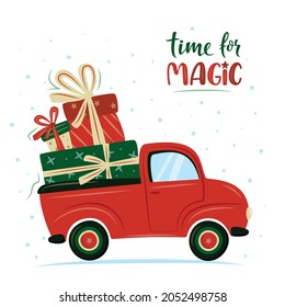 Red retro car with Christmas presents. X-mas truck with gift boxes. Vector illustration in cartoon style. For Christmas or New Year cards, poster, banner.