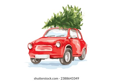 Coche retro rojo con un árbol de navidad en el baúl del tejado. Tarjeta navideña en dibujo a acuarela con el coche de Santa, dibujo a mano libre, ilustraciones vectoriales.	