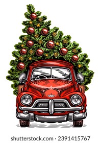 Red retro car with a Christmas tree. Vector illustration