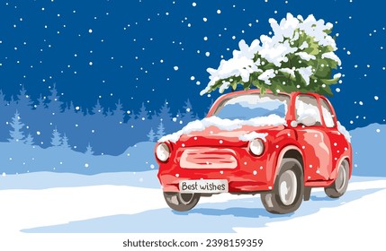 Red retro car with a christmas tree in the trunk on the roof. Christmas card in watercolor style drawing with Santa's car, free hand drawing, vector illustrations.	