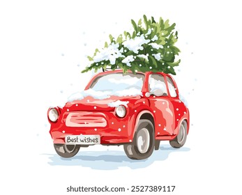 Red retro car with a christmas tree in the trunk on the roof. Christmas card in watercolor style drawing with Santa's car, free hand drawing, vector illustrations.	