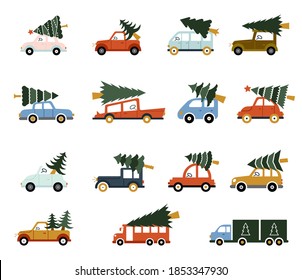 Red retro car with a fir tree. Happy New Year concept. A car with a tree on the roof. Christmas transport. New Year's car. Vector flat style illustration.