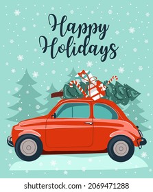 Red retro car with a fir tree. Happy holidays template, vector Christmas card