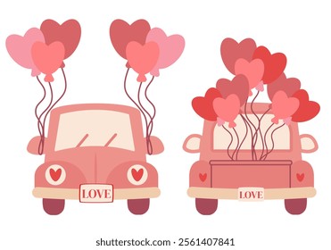 Red retro car with gift boxes stacked on top. Happy Valentine's Day greeting card design. Flat vector illustration with a love theme