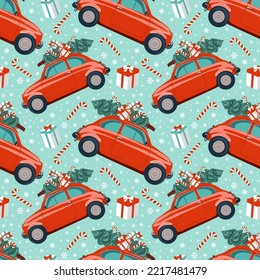 Red retro car Happy holidays template, vector Christmas seamless pattern