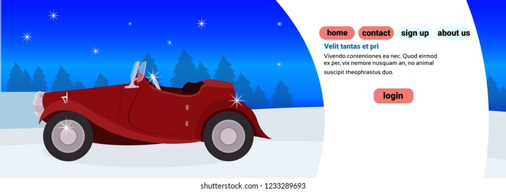 red retro car happy new year merry christmas concept flat winter fir tree forest landscape background horizontal banner copy space vector illustration