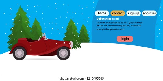 red retro car happy new year merry christmas concept flat winter fir tree landscape copy space horizontal