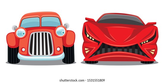 Red retro car and modern car on a white background.