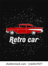 Red Retro Car on black background with stars or snow. Picture or vintage old burgundy car. Vector illustration.