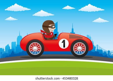 Red retro car on city background.