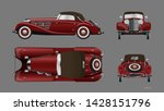 Red retro car on gray background. Vintage cabriolet in realistic style. Front, side, top and back view. Industrial isolated blueprint. 3d automobile. Vector illustration
