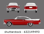 Red retro car on gray background. Vintage cabriolet in a realistic style. Front, side and back view. Vector illustration