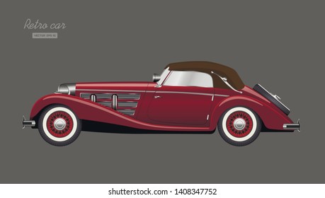 Red retro car on gray background. Vintage cabriolet in realistic style. Side view. 3d vehicle. Detailed image. Vector illustration
