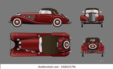 Red retro car on gray background. Vintage cabriolet in realistic style. Front, side, top and back view. Industrial isolated blueprint. 3d automobile. Vector illustration
