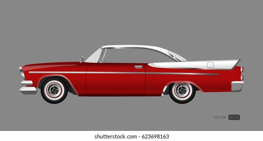 Red retro car on gray background. Vintage cabriolet in a realistic style. Vector illustration