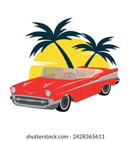 Red retro car on a yellow background with palm trees, vector illustration, flat, illustration for business card, t-shirt, banner, poster. EPS10