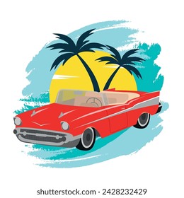 Coche retro rojo con siluetas de palma en el fondo. Ilustración vectorial temática del tiempo de verano para el diseño del póster o de la tarjeta o de la camiseta o de la etiqueta engomada.Eps10