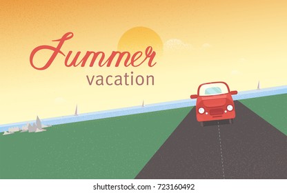 Red retro car riding along road against sea with sail yachts and sunset sky on background. Summer vacation and holidays, tourism and travel. Modern colored vector illustration in flat style.
