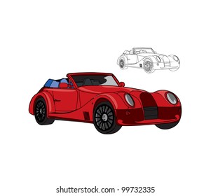 Red  retro car vector illustration in color and outline; isolated on background.