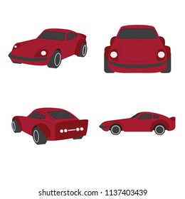 Red Retro car vector template. Set of front, rear, side view retro car