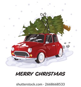 Rotes Retro-Auto mit Weihnachtsbaum im Schnee - Frohe Weihnachtsgrafik