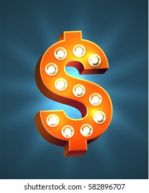 Sinal de dólar vermelho retro casino marquee vetor. Símbolo de USD brilhante com lâmpadas de estilo antigo.