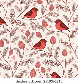 Red retro christmas pattern of bullfinch birds and cones on wavy pine branches against background with snow texture. Decorative New Year print.