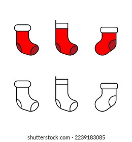 Red retro Christmas Socks icon collection isolate on white.