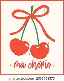 Red Retro Coquette Heart Cherries with Red ribbon bow Ma Chérie Minimal Flat Design with Vintage Aesthetic