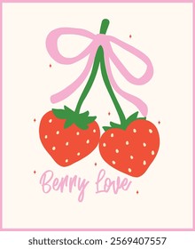 Red Retro Coquette Strawberries Heart Shape with Pink ribbon bow Berryy love Minimal Flat Design Vintage Aesthetic