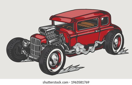 Red retro custom hor rod template in vintage style isolated vector illustration