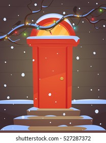 Red retro door, branches decorated with Christmas lights, Christmas greeting card, cartoon vector illustration.
