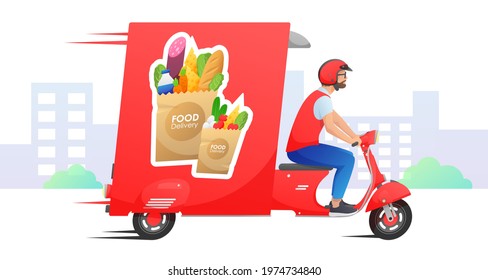 Red retro fast delivery car, truck with food, groceries bag and courier on white background. Vector illustration for design, flyer, poster, banner, web, advertising.