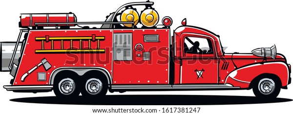 Red\
retro firetruck with a fireman and an ax on its\
side