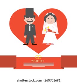 Red Retro Flat Design Wedding Card Vector Illustration with Groom and Bride in Heart on White Background