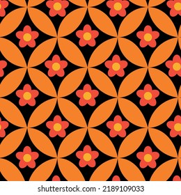 Red retro flowers on mid century modern orange leaf circle seamless pattern. For textile, fabric, wallpaper and home décor