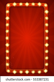 Red retro frame with lamps. Vector illustration with shining lights in vintage style. Label for winners of poker, cards, roulette and lottery.