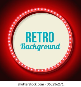 Red retro frame with lights. Round 3d frame with lights and white background for the text message, share or discount. Red neon light falls on the black wall. Vector illustration
