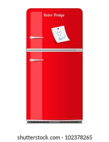 Red retro fridge with paper note. Vector illustration.