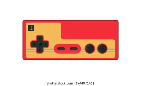 Red retro gamepad, joypad, vintage controller, input device for old video game console, vector illustration. Flat colorful image isolated on white background.