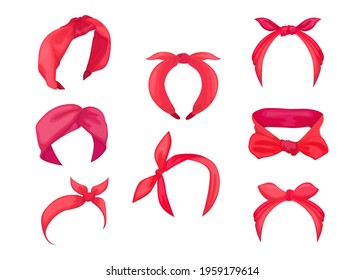 Red retro hairbands cartoon collection. Set of elegant woman headbands, girls bandanas with bow, handkerchiefs. Vector illustrations isolated in white. Fashion, accessories concept