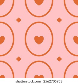 Red Retro Heart Shape in Circle Outline Symbol Valentine Sweet Seamless Pattern 