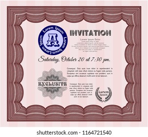 Red Retro invitation. With complex background. Lovely design. Detailed. 
