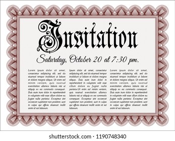 Red Retro invitation. With complex linear background. Detailed. Cordial design. 
