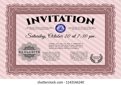 Red Retro invitation. Customizable, Easy to edit and change colors. With guilloche pattern. Elegant design. 