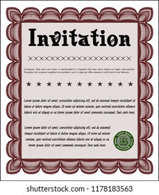 Red Retro invitation. Customizable, Easy to edit and change colors. With great quality guilloche pattern. Sophisticated design. 